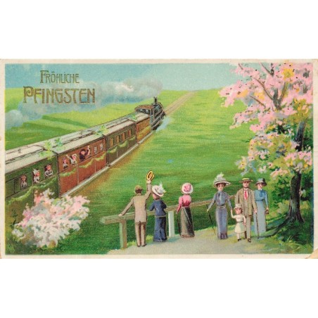 n°29820 - Pentecôte - Fröhliche Pfingsten - Hommes et femmes saluant un train