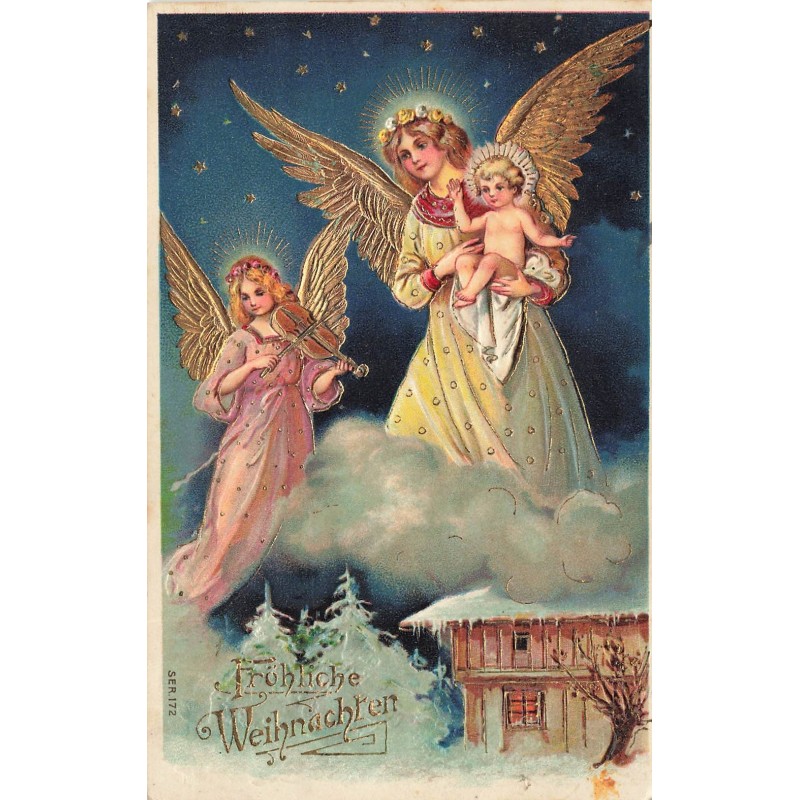 n°29826 - Carte Gaufrée - Fröhliche Weihnachten - Ange Gardien tenant un bébé, un autre jouant du violon