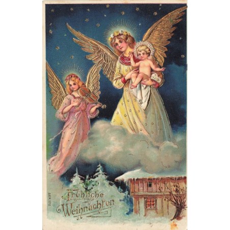 n°29826 - Carte Gaufrée - Fröhliche Weihnachten - Ange Gardien tenant un bébé, un autre jouant du violon