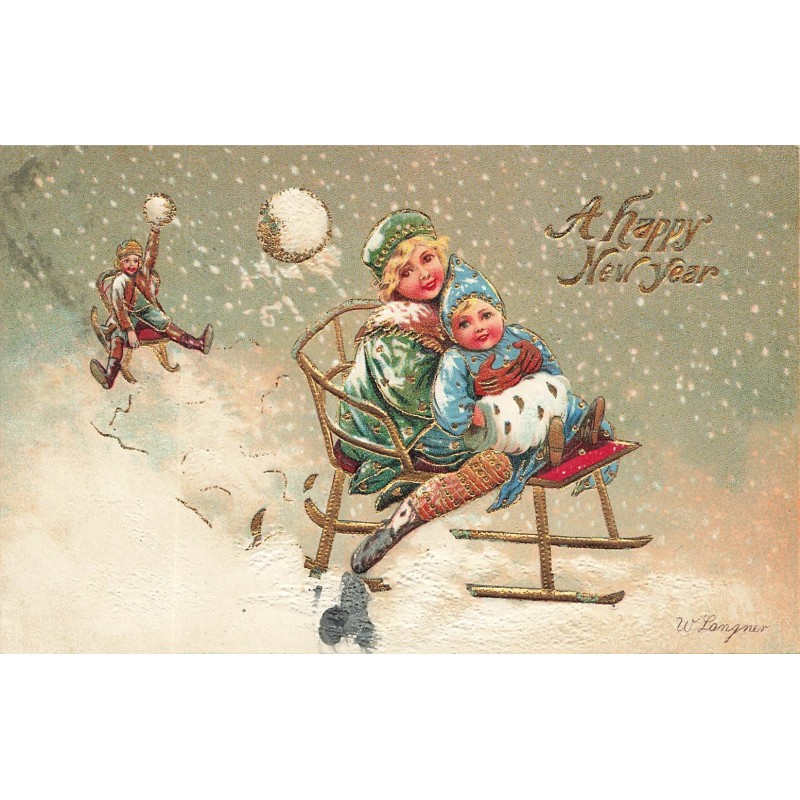 n°29830 - Carte Gaufrée - Nouvel An - A Happy New Year- Enfants sur des luges