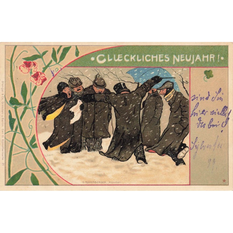 n°29832 - Carte Gaufrée - Stengel Ser.10 - Gluckliches Neujahr - Hommes chantant sous la neige