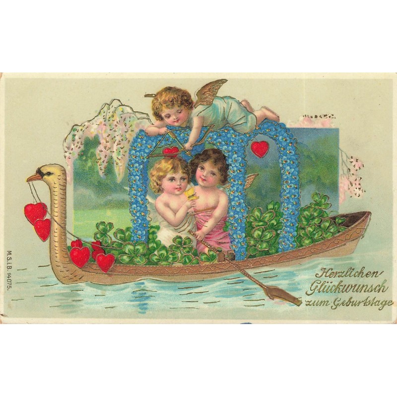 n°29838 - Carte Gaufrée - Anniversaire - MSIB 14075 - Angelots sur une barque