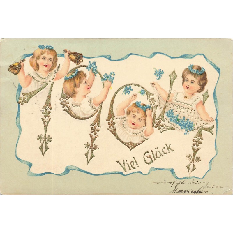 n°29839 - Carte Gaufrée - Viel Glück 1904 - Fillettes avec des fleurs et des clochettes