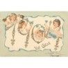 n°29839 - Carte Gaufrée - Viel Glück 1904 - Fillettes avec des fleurs et des clochettes