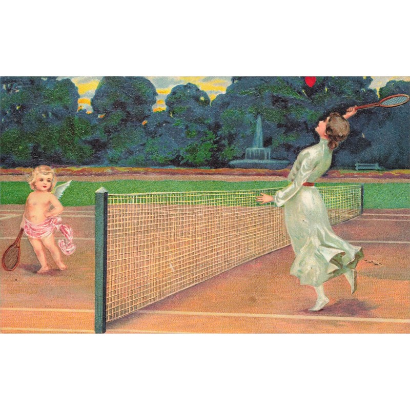 n°29843 - Carte Gaufrée - Ange - Jeune femme jouant au tennis avec un ange
