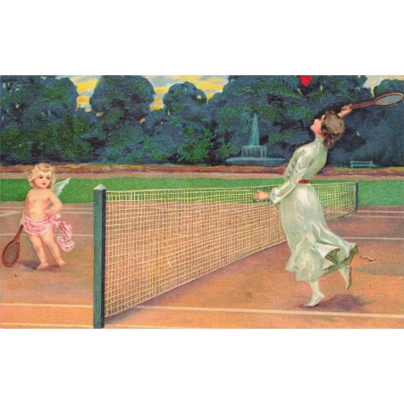 n°29843 - Carte Gaufrée - Ange - Jeune femme jouant au tennis avec un ange