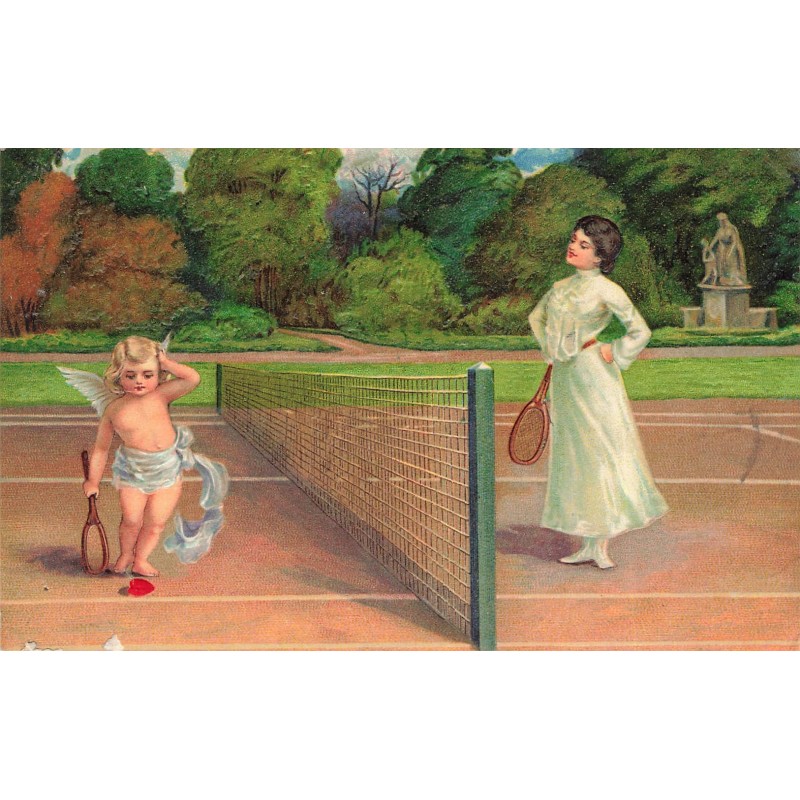 n°29845 - Carte Gaufrée - Ange - Jeune femme jouant au tennis avec un ange