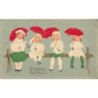 n°29847 - Carte Russe - Bonne Annnée - Enfants sur un banc, se protégeant de la neige avec des parapluies rouges