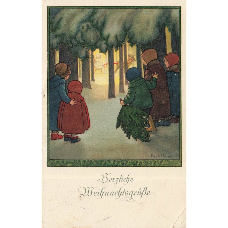 n°29853 - Illustrateur Pauli Ebner - Herzliche Weihnachtsgruss -Enfants dans une forêt regardant un ange sur un traîneau