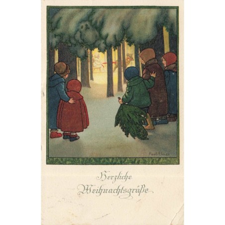 n°29853 - Illustrateur Pauli Ebner - Herzliche Weihnachtsgruss -Enfants dans une forêt regardant un ange sur un traîneau