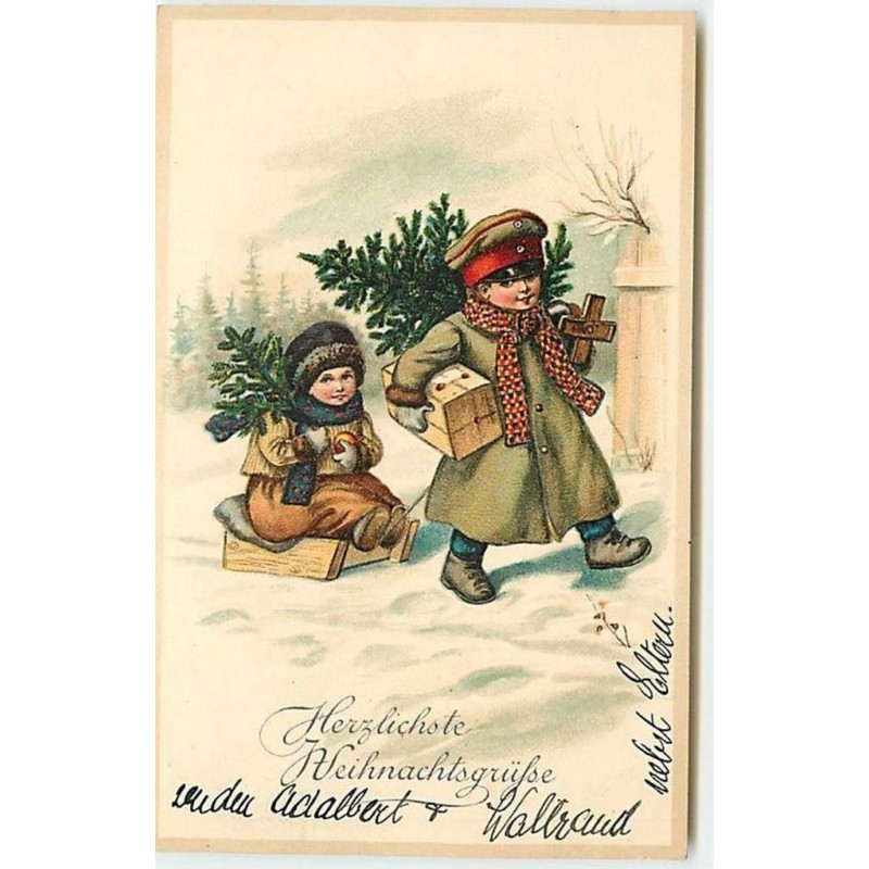 n°13690 - Carte Fantaisie - Enfants avec des sapins - Luge