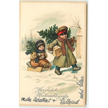 n°13690 - Carte Fantaisie - Enfants avec des sapins - Luge