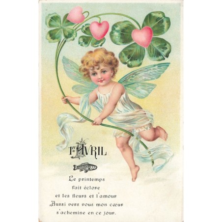 n°29858 - Carte Gaufrée - 1er Avril - Le Printemps fait éclore et les fleurs - Ange apportant des trèfles et des coeurs