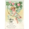 n°29858 - Carte Gaufrée - 1er Avril - Le Printemps fait éclore et les fleurs - Ange apportant des trèfles et des coeurs