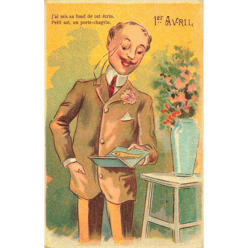 n°29859 - Carte Gaufrée - 1er Avril - J'ai mis au fond de cet écrin, Petit sot, un porte-chagrin