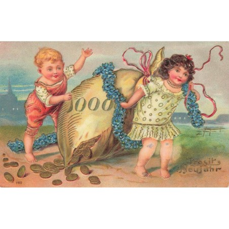 n°29863 - Carte Gaufrée - Prosit Neujahr - Enfants portant un sac rempli de pièces d'or