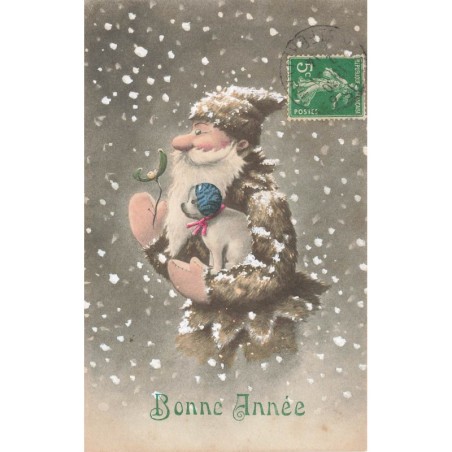 n°29864 - Bonne Année - Vieil homme portant un chiot, sous la neige