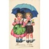 n°29865 - Bonne Fête - Lia Doring - Couple d'enfants sous un parapluie avec une tulipe àla main