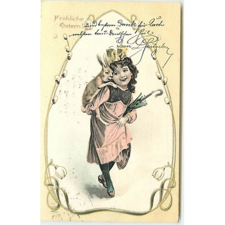 n°13691 - Carte Fantaisie - Fröhliche Ostern - Fillette et Lapin - Décor Art Nouveau