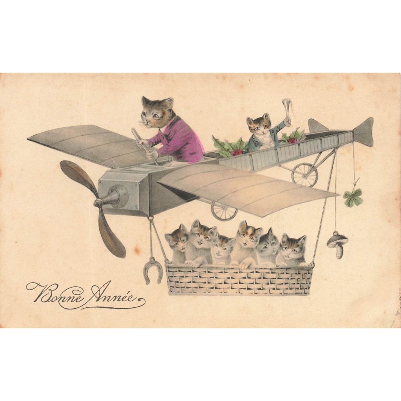 n°29866 - Bonne Année - Chats humanisés dans un avion transportant des chatons dans une nacelle
