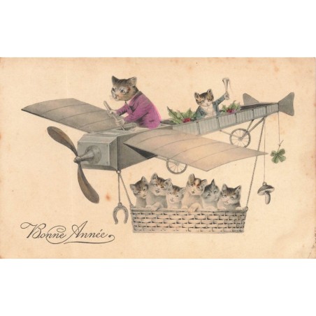 n°29866 - Bonne Année - Chats humanisés dans un avion transportant des chatons dans une nacelle