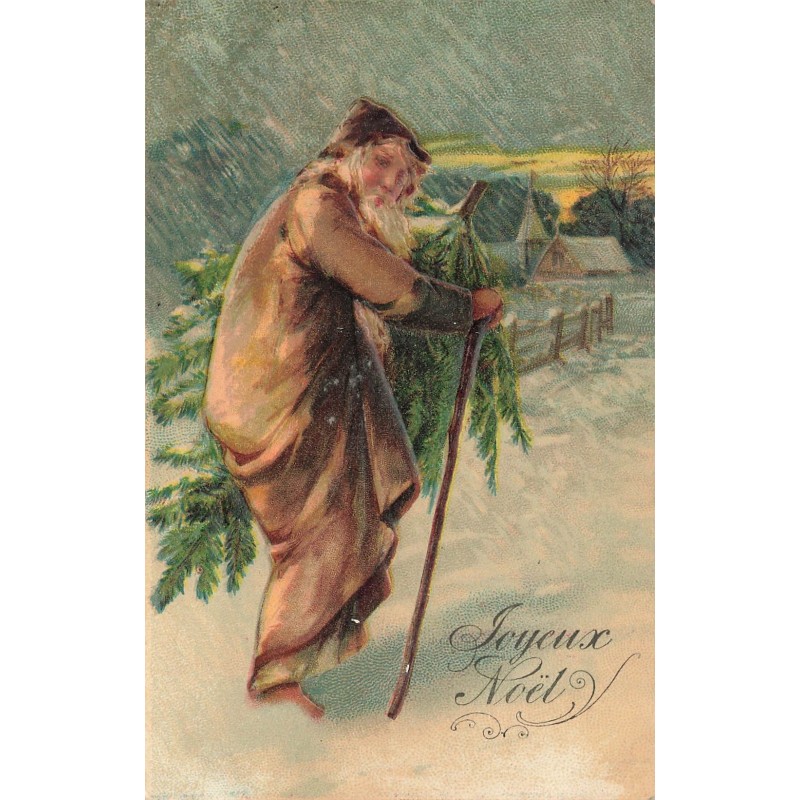 n°29870 - Carte Gaufrée - Joyeux Noël - Vieil homme sous la neige, apportant un sapin