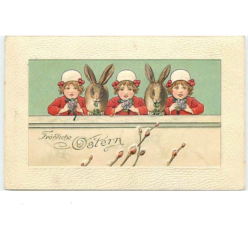 n°13692 - Carte Fantaisie Gaufrée - Fröhliche Ostern - Fillettes et Lapins