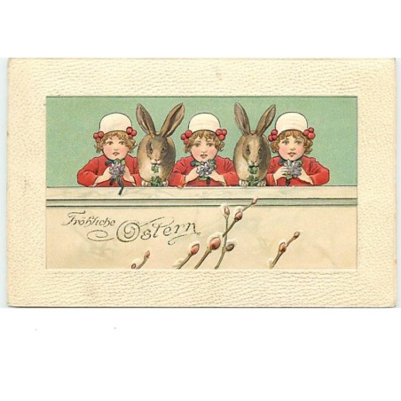 n°13692 - Carte Fantaisie Gaufrée - Fröhliche Ostern - Fillettes et Lapins