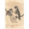 n°29881 - Carte Gaufrée - Chat - Deux chatons prenant une planche de bois, comme luge