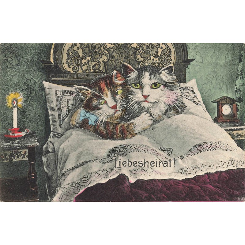 n°29885 - Chat - Liebesheirat - Mariage d'Amour - Couple de chat dans un lit - M. Boulanger ?