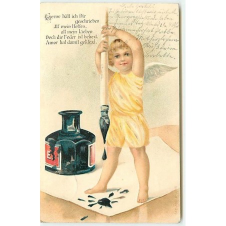 n°13695 - Carte Fantaisie Gaufrée - Ange et Encrier