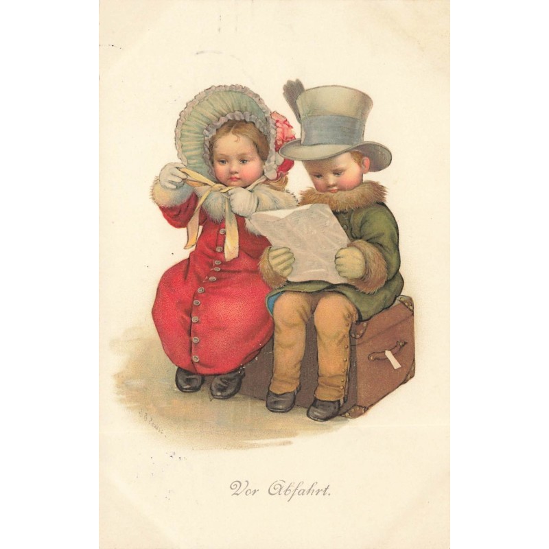 n°29889 - Illustrateur S.B. Pearse - Vor Abfahrt - Couple d'enfant assis sur une malle de voyage - MM Vienne n°629