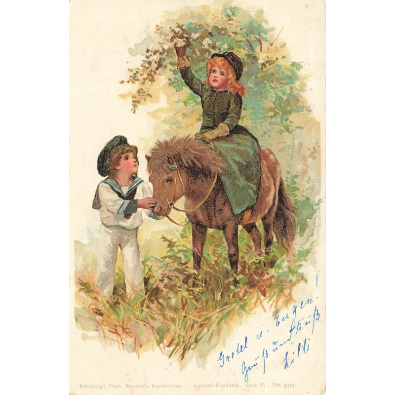 n°29891 - Fantaisie - Stroefer - Une fillette sur un poney tenu par un garçon