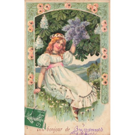 n°29895 - Carte Gaufrée avec paillettes - Fantaisie - Une jeune fille sour un lilas - Un bonjour de