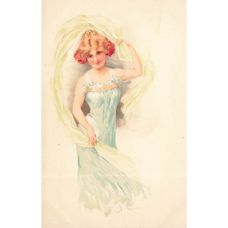n°29903 - Illustrateur MSM - Jeune femme en robe bleu pâle, dansant avec un voile
