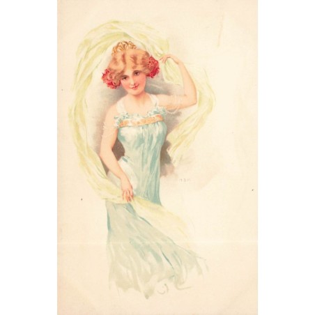 n°29903 - Illustrateur MSM - Jeune femme en robe bleu pâle, dansant avec un voile