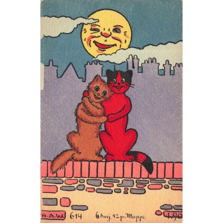 n°29907 - Illustrateur MM Vienne n°614 - H.A.W. - Couple de chat sur un mur au clair de lune