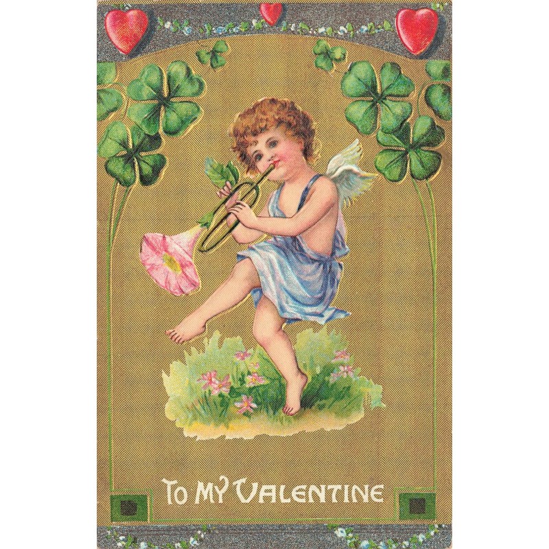 n°29915 - Carte Gaufrée - To my Valentine - Ange jouant de la trompette à Fleur