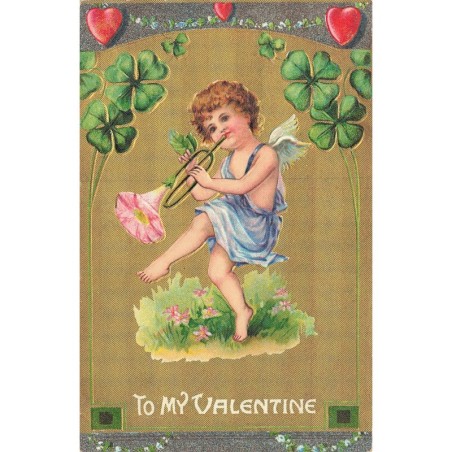 n°29915 - Carte Gaufrée - To my Valentine - Ange jouant de la trompette à Fleur