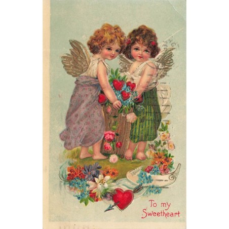 n°29917 - Carte Gaufrée - Saint-Valentin - To my Sweetheart - Deux anges avec un panier de fleurs