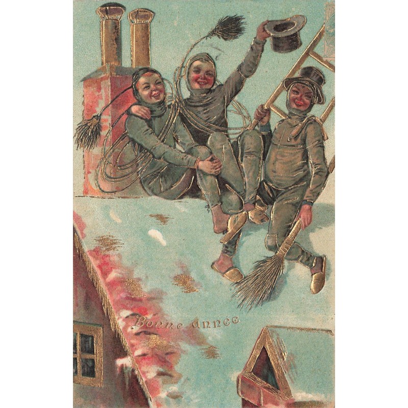 n°29918 - Carte Gaufrée - Nouvel An - Bonne Année - Ramoneurs assis sur un toit enneigé