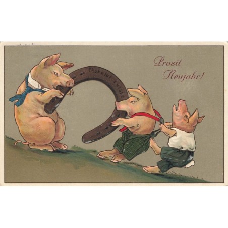 n°29921 - Carte Gaufrée - Prosit Neujahr - Cochons habillés, se disputant un fer à cheval
