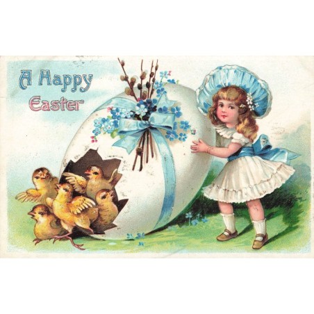 n°29922 - Carte Gaufrée - A Happy Easter - Fillette regardant des poussins sortir d'un oeuf