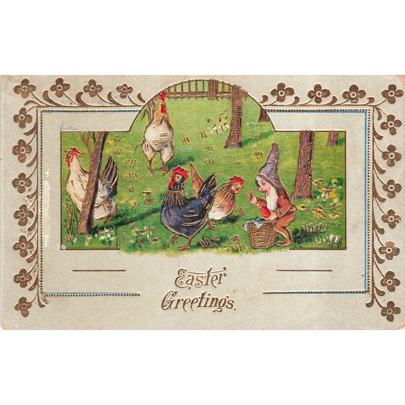 n°29923 - Carte Gaufrée - Easter Greetings - Nains ramassant des oeufs au milieu de poules