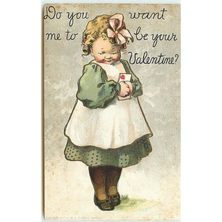 n°13702 - Carte Gaufrée - Do you want me to be your Valentine - Fillette serrant sur son coeur une lettre
