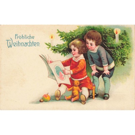 n°29927 - Fröhliche Weihnachten - Deux enfants, l'une regardant un livre, ours en peluche - Teddy Bear