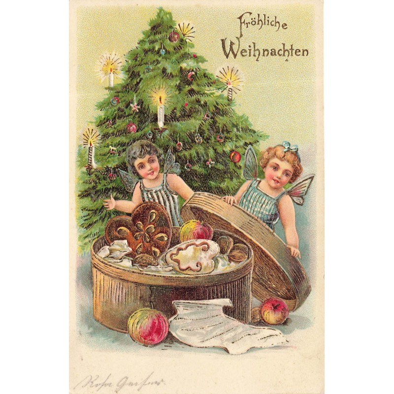 n°29929 - Carte Gaufrée - Fröhliche Weihnachten - Anges ouvrant une boite remplie de gateaux