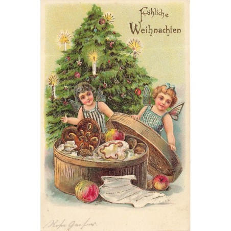 n°29929 - Carte Gaufrée - Fröhliche Weihnachten - Anges ouvrant une boite remplie de gateaux
