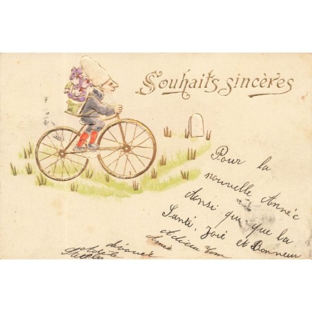n°29933 - Carte Gaufrée - Fantaisie - Souhaits sincères - Nain sur un vélo