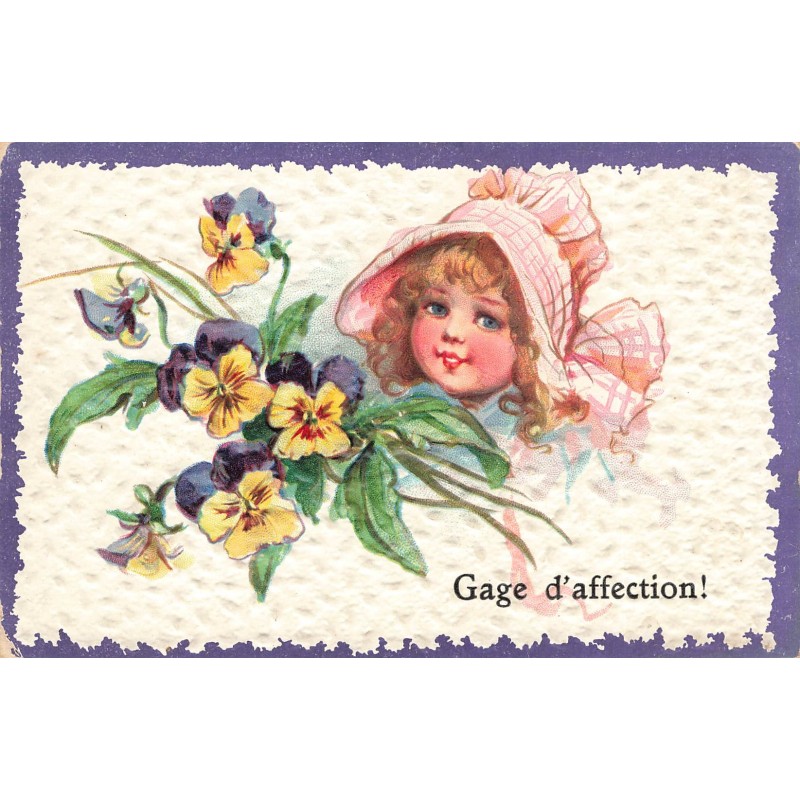 n°29943 - Carte Gaufrée - Style Brundage - Gage d'Affection - Visage d'une fillette avec des pensées